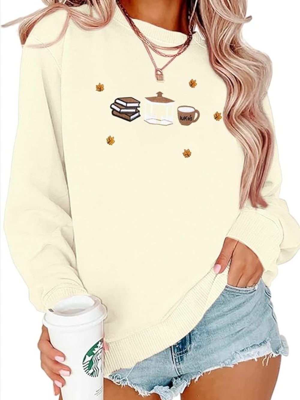 Gilmore Girls Stars Hollow Embroidered Sweatshirt Large L Cream Luke's Diner